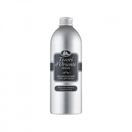 Un flacon argenté de gel douche aromatique Tesori d'Oriente avec une étiquette noire et un texte argenté en italien et en russe. Le parfum est "Muschio Bianco" (Musc blanc). Le flacon a un bouchon à vis et un design minimaliste. Dakar