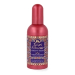 Un flacon rouge de parfum aromatique Tesori d'Oriente Persian Dream avec une étiquette à motifs présentant des senteurs de grenade et de thé rouge. L'étiquette est bleue avec des bordures décoratives et un texte doré. Dakar