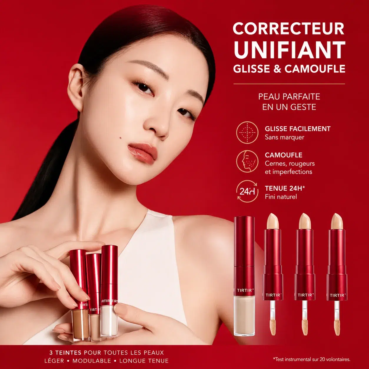 tirtir maquillage coreen Une femme tient dans sa main trois tubes d'anti-cernes Univers Cosmetix. À côté d'elle, trois correcteurs avec des bouchons rouges et un texte en français soulignant leurs propriétés de longue durée, de lissage et de camouflage pour une peau parfaite. Dakar
