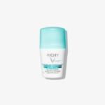 Un flacon de déodorant roll-on blanc avec un bouchon turquoise, étiqueté "Vichy Laboratoires" et "Anti-Transpirant 48H Traitement Anti-Perspirant" sur un fond blanc uni. Dakar