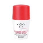 Un flacon roll-on blanc de Vichy 72H Intensive Anti-Perspirant avec un bouchon rouge. L'étiquette comporte des détails sur le produit en français et en anglais, indiquant qu'il est destiné aux peaux sensibles et qu'il ne contient pas d'alcool. Dakar