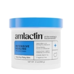 Amlactin Crème Réparatrice Intensive à 15 % d'Acide Lactique AHA 340 g est un pot blanc avec un couvercle bleu pour les peaux très sèches et squameuses ; l'étiquette mentionne l'exfoliation, la cicatrisation et la réparation de la barrière de céramides. Poids net : 12 oz (340 g). Dakar