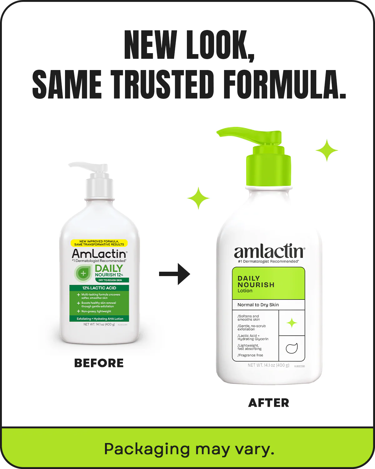 Comparaison côte à côte des flacons d'Amlactin Lait Hydratant Exfoliant Doux Peau Rugueuse et Sèche 400 g (Copie), montrant les designs "avant" et "après". Texte : "Nouveau look, même formule de confiance. Dakar