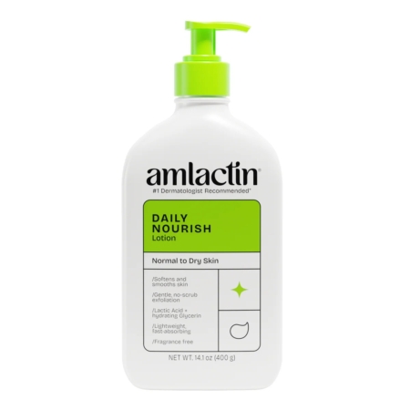Amlactin Lait Hydratant Exfoliant Doux Peau Rugueuse et Sèche 400 g est un flacon blanc avec une pompe verte, conçu pour les peaux normales à sèches. L'étiquette met en avant l'acide lactique, une formule sans parfum et une hydratation légère. Dakar