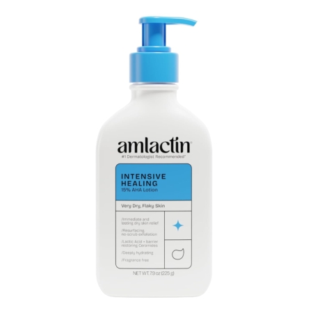 Amlactin Lotion Cicatrisante Intensive à 15 % d'Acide Lactique AHA 400 g (Copie) hydrate les peaux très sèches et squameuses. Flacon blanc de 400 g avec pompe bleue et étiquette bleu-gris. Dakar