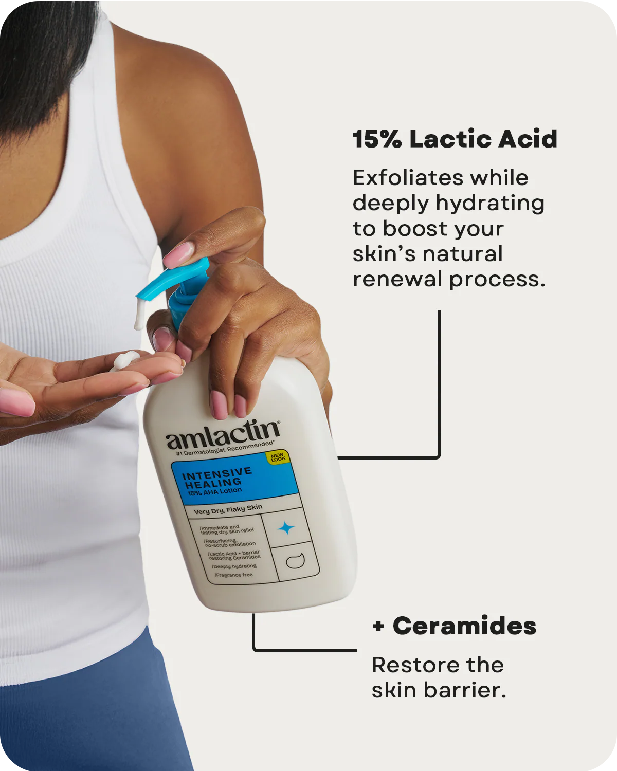 Vêtue d'un débardeur blanc, une personne dépose sur sa main la Crème Réparatrice Intensive à 15 % d'Acide Lactique AHA 340 g (Copie), mettant en avant son pouvoir exfoliant et hydratant ainsi que les céramides qui restaurent la barrière cutanée. Dakar