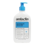 Amlactin Crème Réparatrice Intensive à 15 % d'Acide Lactique AHA 340 g (Copie) se présente dans un flacon blanc avec une pompe bleue. L'étiquette indique qu'elle est recommandée par les dermatologues pour les peaux très sèches et squameuses et énumère ses ingrédients et ses avantages. Dakar