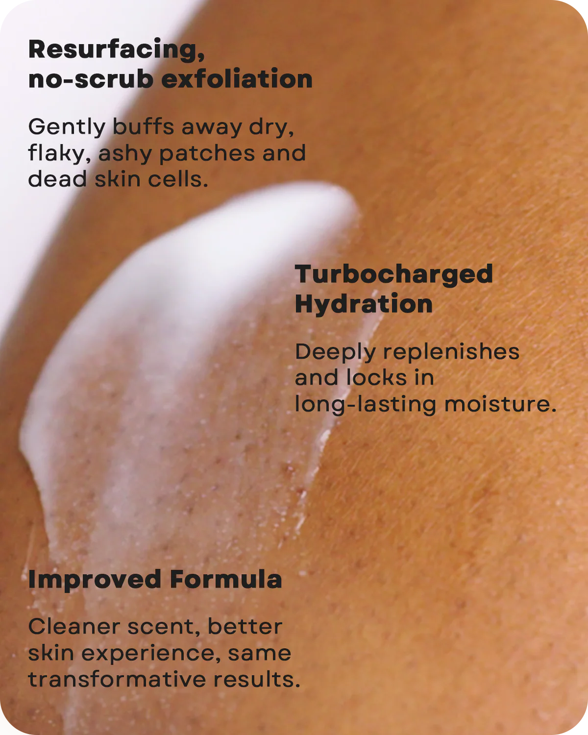 Gros plan de la peau avec Amlactin Crème Réparatrice Intensive à 15 % d'Acide Lactique AHA 340 g (Copie) et texte superposé : exfoliation resurfaçante, hydratation turbochargée, et formule améliorée pour une meilleure expérience de la peau. Dakar