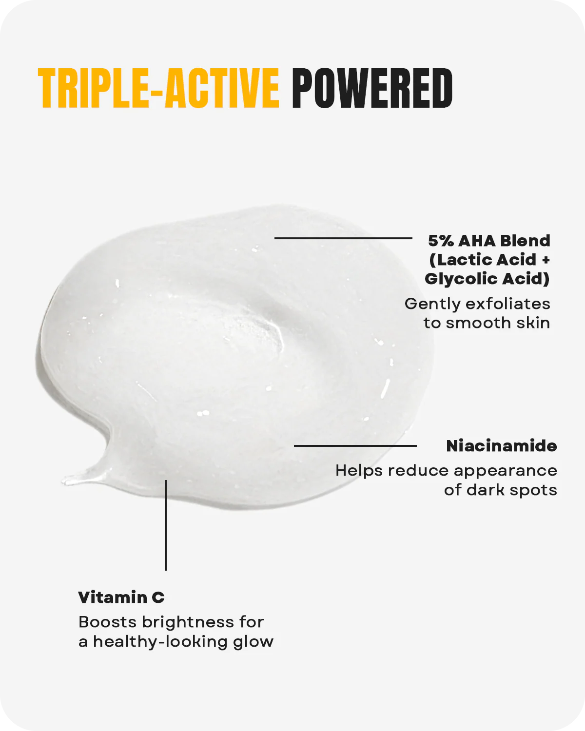Amlactin Sérum Éclaircissant et Lissant Quotidien pour le Visage et Corps 226 g est une crème transparente contenant 5% d'AHA pour l'exfoliation, du niacinamide pour cibler les taches brunes et de la vitamine C pour l'éclat, mettant en valeur sa formule "Triple-Active Powered". Dakar