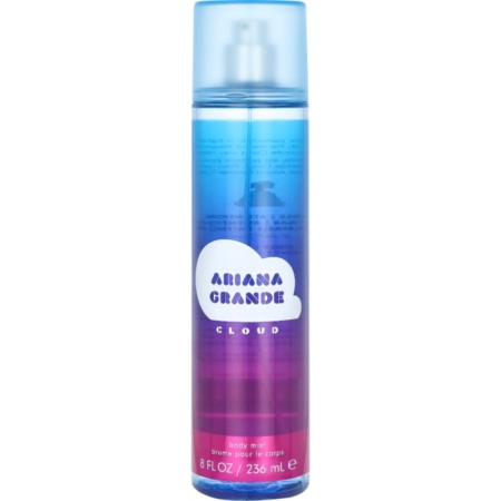 Un flacon de brume pour le corps « Cloud » d'Ariana Grande, aux couleurs bleu et violet dégradées, orné d'une étiquette blanche en forme de nuage et d'un texte violet, d'une contenance de 8 fl oz (236 ml). Dakar