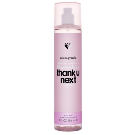 Un flacon rose de brume pour le corps « thank u, next » d'Ariana Grande, muni d'un bouchon transparent et d'une étiquette avec un texte en noir et blanc, d'une contenance de 8 fl oz (236 ml). Dakar