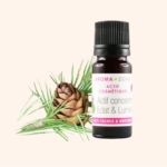 Un petit flacon marron d'Aroma Zone Actif Concentré Éclat et Lumière Anti-Taches Unifiant, d'une contenance de 30 ml, est posé à côté d'une branche de pin et d'une pomme de pin sur un fond beige clair. Dakar