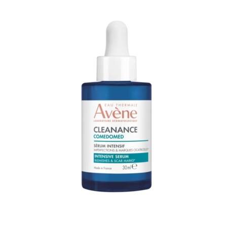 Flacon compte-gouttes bleu et blanc de 30 ml contenant le sérum Cleanance A.H.A. Exfoliant Anti-Imperfections d'Avène, spécialement conçu pour lutter contre les imperfections et les marques de cicatrices. Dakar