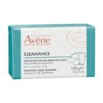 Un pain rectangulaire d'Avène Cleanance Nettoyant Solide Désincrustant au zinc et à l'acide salicylique pour peaux sensibles à imperfections, 100 g, dans un emballage bleu sarcelle et blanc, conçu pour les peaux sensibles présentant des imperfections. Dakar