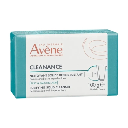 Un pain rectangulaire d'Avène Cleanance Nettoyant Solide Désincrustant au zinc et à l'acide salicylique pour peaux sensibles à imperfections, 100 g, dans un emballage bleu sarcelle et blanc, conçu pour les peaux sensibles présentant des imperfections. Dakar