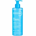 Un flacon pompe bleu de 500 ml de Bioderma Hydrabio Gel Moussant, un gel moussant nettoyant micellaire destiné aux peaux sensibles et déshydratées, indiqué pour une utilisation sur le visage et les yeux. Dakar