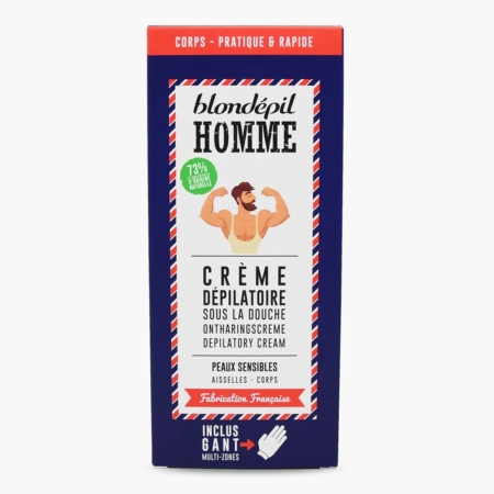 Boîte bleue et rouge de Blondépil Homme, crème dépilatoire de douche pour peaux sensibles, illustrée d'un homme barbu et musclé en train de faire des flexions, avec des informations sur le produit en français et en anglais sur la face avant. Dakar