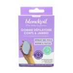 Une boîte violette et blanche contenant un produit « Blondepil Gomme Épilatoire Corps et Jambes Rapide » (1 pièce) avec un tampon à main, permettant une épilation et une exfoliation rapides et faciles du corps et des jambes ; convient à tous les types de peau. Dakar