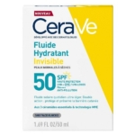 Face avant de la boîte du Fluide Hydratant Invisible CeraVe SPF50 Sans Parfum 50 ml, avec un texte en bleu et jaune en français mettant en avant les bienfaits de la protection solaire et de l'hydratation de la peau. Dakar