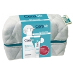 Ce coffret de soins CeraVe, présenté dans une pochette matelassée gris clair dotée d'une fermeture éclair bleue, contient un gel moussant anti-imperfections pour peaux à tendance acnéique CeraVe de 236 ml ainsi qu'une crème. L'étiquette porte la mention « Ma Routine SOS Anti-Boutons » et comporte les détails du produit en français. Dakar