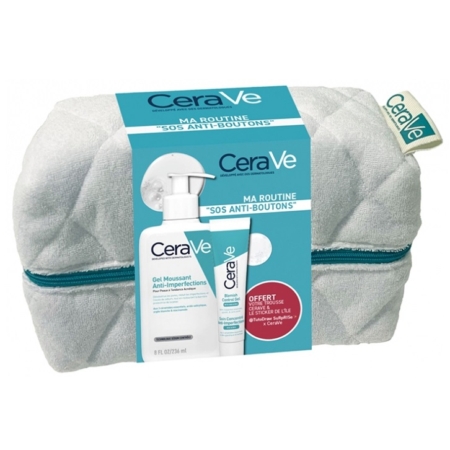 Ce coffret de soins CeraVe, présenté dans une pochette matelassée gris clair dotée d'une fermeture éclair bleue, contient un gel moussant anti-imperfections pour peaux à tendance acnéique CeraVe de 236 ml ainsi qu'une crème. L'étiquette porte la mention « Ma Routine SOS Anti-Boutons » et comporte les détails du produit en français. Dakar