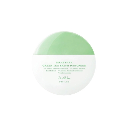 Un flacon de crème solaire rond, bicolore, avec un bouchon vert clair et un fond blanc, portant l'étiquette « Isntree Hyaluronic Acid Fresh Sun Sérum Soin Solaire Invisible Sans Traces Blanches 50 ml (Copie) » en lettres vertes — dans le même style que l'original. Dakar