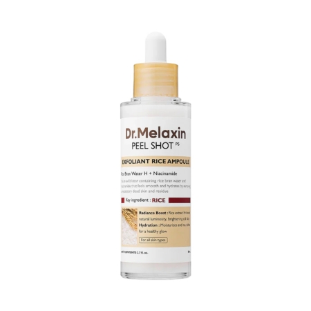 Dr Melaxin Ampoule Exfoliante Peel Shot au Riz Blanc Peau à Imperfections 80 ml se présente dans un flacon transparent avec un bouchon compte-gouttes et une étiquette blanche et dorée, mentionnant l'extrait de riz et le niacinamide parmi ses ingrédients. Dakar