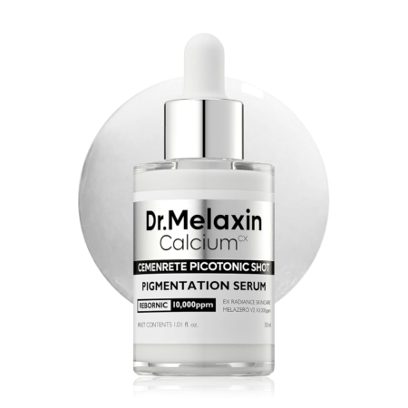Un flacon de Dr Melaxin Cemenrete Ampoule de Calcium Correcteur Anti Taches et Anti Age 30 ml se détache sur un fond blanc circulaire, soulignant ses propriétés correctrices de la pigmentation et anti-âge. Dakar