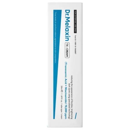 Un tube blanc étiqueté "Dr Melaxin Crème Anti Taches de Rousseur et Imperfections 50 ml" avec un texte bleu et noir, contient de l'acide tranexamique et du niacinamide pour usage externe uniquement. Dakar