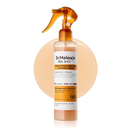 Un flacon Dr Melaxin Spray Exfoliant à l'Acide Kojique et au Curcuma Peel Shot de 200 ml avec un bouchon ambre est présenté devant une éclaboussure de liquide rond, orange clair, mettant l'accent sur l'acide kojique et le curcuma sur l'étiquette. Dakar