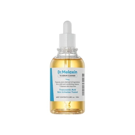 Un flacon compte-gouttes transparent étiqueté "Dr Melaxin TX Nettoyant Sérum Huile Mousse à Acide Tranexamique Anti Taches 100 ml" contient un liquide doré et met en évidence des ingrédients d'origine végétale ainsi que de l'acide tranexamique. Dakar