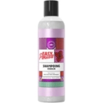 Un flacon de 250 ml d'Easy Pouss Shampoing Anti Chute Kigélia, un shampooing anti-chute dont l'étiquette rose, violette et blanche est ornée de motifs colorés et d'un texte bilingue français-anglais. Dakar