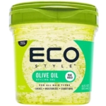 Un contenant de 16 oz de gel coiffant à l'huile d'olive Eco Style avec un couvercle vert. L'étiquette souligne la "tenue maximale" et indique qu'il convient à tous les types de cheveux, qu'il est brillant, hydratant, revitalisant et qu'il ne contient pas d'alcool. Dakar