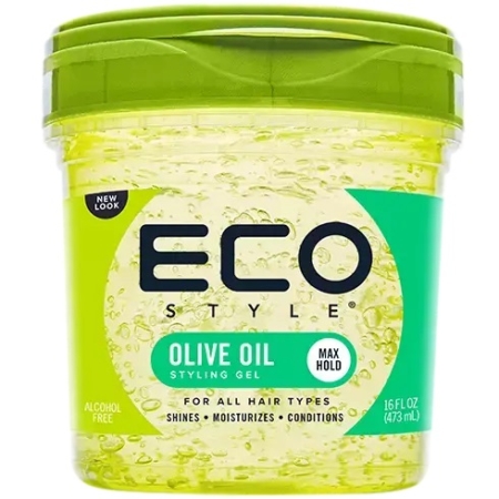 Un contenant de 16 oz de gel coiffant à l'huile d'olive Eco Style avec un couvercle vert. L'étiquette souligne la "tenue maximale" et indique qu'il convient à tous les types de cheveux, qu'il est brillant, hydratant, revitalisant et qu'il ne contient pas d'alcool. Dakar