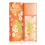 Un flacon d'eau de toilette en vaporisateur « Green Tea Nectarine Blossom » d'Elizabeth Arden est posé à côté de son coffret assorti, orné d'un motif floral dans des tons orange et pêche, agrémenté de fleurs blanches et jaunes. Dakar