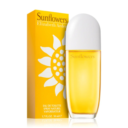 Une boîte jaune du parfum « Sunflowers » d'Elizabeth Arden se trouve à côté d'un flacon jaune assorti muni d'un bouchon blanc. La boîte est ornée d'un motif représentant un tournesol et comporte les détails du produit en lettres blanches. Dakar