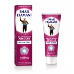Une boîte et un tube de "Email Diamant Dentifrice Blancheur 75ml" sont présentés, avec un emballage rouge et blanc de style vintage sur lequel figure une femme et qui met en évidence trois ingrédients blanchissants. Dakar