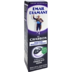 Une boîte de dentifrice Email Diamant Le Charbon, représentant une personne en costume coloré en train de sauter, avec un texte mettant en avant un blanchiment immédiat et durable et 92% d'ingrédients naturels. Dakar
