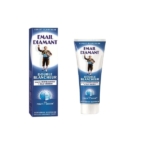 Boîte et tube bleu et blanc de dentifrice Email Diamant Double Blancheur, comportant une illustration vintage d'un homme souriant en smoking, avec un texte en français décrivant les avantages en matière de blanchiment et de nettoyage. Dakar