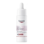 Un flacon compte-gouttes blanc de Eucerin Anti-Pigment Radiance Serum, portant le logo de la marque et le nom du produit en gris et en rose, avec un bouchon blanc et un compte-gouttes. Dakar