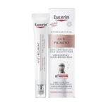 Un tube et une boîte d'Eucerin Anti Pigment Soin Contour Des Yeux Illuminateur 15ml pour l'hyperpigmentation, avec des informations multilingues sur le produit. L'emballage est principalement blanc avec des accents argentés et roses. Dakar