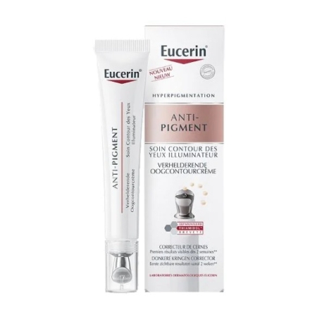 Un tube et une boîte d'Eucerin Anti Pigment Soin Contour Des Yeux Illuminateur 15ml pour l'hyperpigmentation, avec des informations multilingues sur le produit. L'emballage est principalement blanc avec des accents argentés et roses. Dakar