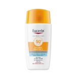 Le fluide de protection solaire Eucerin Hydro Protect Ultra Léger SPF 50+, en flacon de 50 ml, se présente dans un flacon blanc muni d'un bouchon et d'une étiquette orange ; il convient à tous les types de peau. Dakar