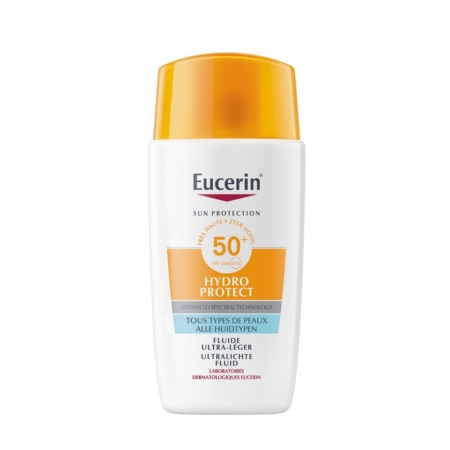 Le fluide de protection solaire Eucerin Hydro Protect Ultra Léger SPF 50+, en flacon de 50 ml, se présente dans un flacon blanc muni d'un bouchon et d'une étiquette orange ; il convient à tous les types de peau. Dakar