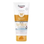 Un tube de 200 ml de gel-crème Eucerin Sun Protection Sensitive Protect Kids SPF50+, dans un emballage blanc et orange avec les détails du produit sur le devant. Dakar