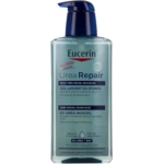 Un flacon transparent de 1 L de gel lavant Eucerin Ph5 (Copie), muni d'une pompe bleue et d'une étiquette en français et en néerlandais, conçu pour les peaux très sèches et rugueuses. Dakar