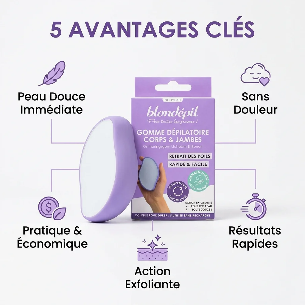 Image du produit « Blondepil Gomme Épilatoire Corps et Jambes Rapide » violet et blanc, avec son emballage. Cinq icônes mettent en avant ses avantages : peau lisse, épilation indolore, pratique, résultats rapides et action exfoliante. 1 pièce incluse. Dakar