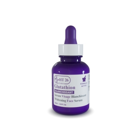 Un flacon violet de 100 ml de Ht26 Sérum Visage Blanchissant Glutathion Peaux Ternes et Irrégulières, avec un bouchon compte-gouttes, conçu pour éclaircir les peaux ternes et irrégulières, est représenté sur un fond blanc. Dakar