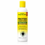 Une bouteille blanche de 237 ml de l'après-shampoing protéiné « Jamaican Mango & Lime » à l'huile de graines de moringa et au miel de manuka, dotée d'un bouchon jaune et d'une étiquette jaune avec un texte noir et vert. Dakar