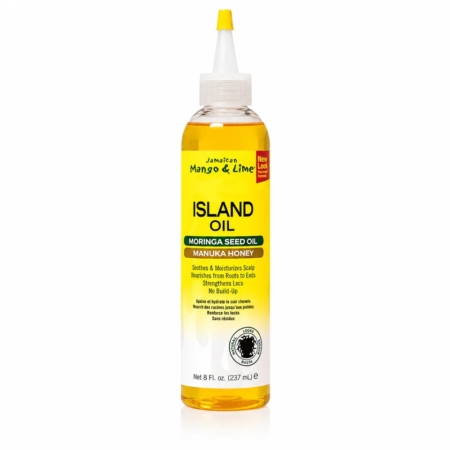 Une bouteille en plastique transparent contenant l'huile « Jamaican Mango & Lime Island Oil », munie d'un bouchon jaune. L'étiquette met en avant l'huile de graines de moringa, le miel de manuka et des bienfaits tels que l'apaisement du cuir chevelu, l'hydratation et l'absence d'accumulation de résidus. Contenance : 237 ml. Dakar